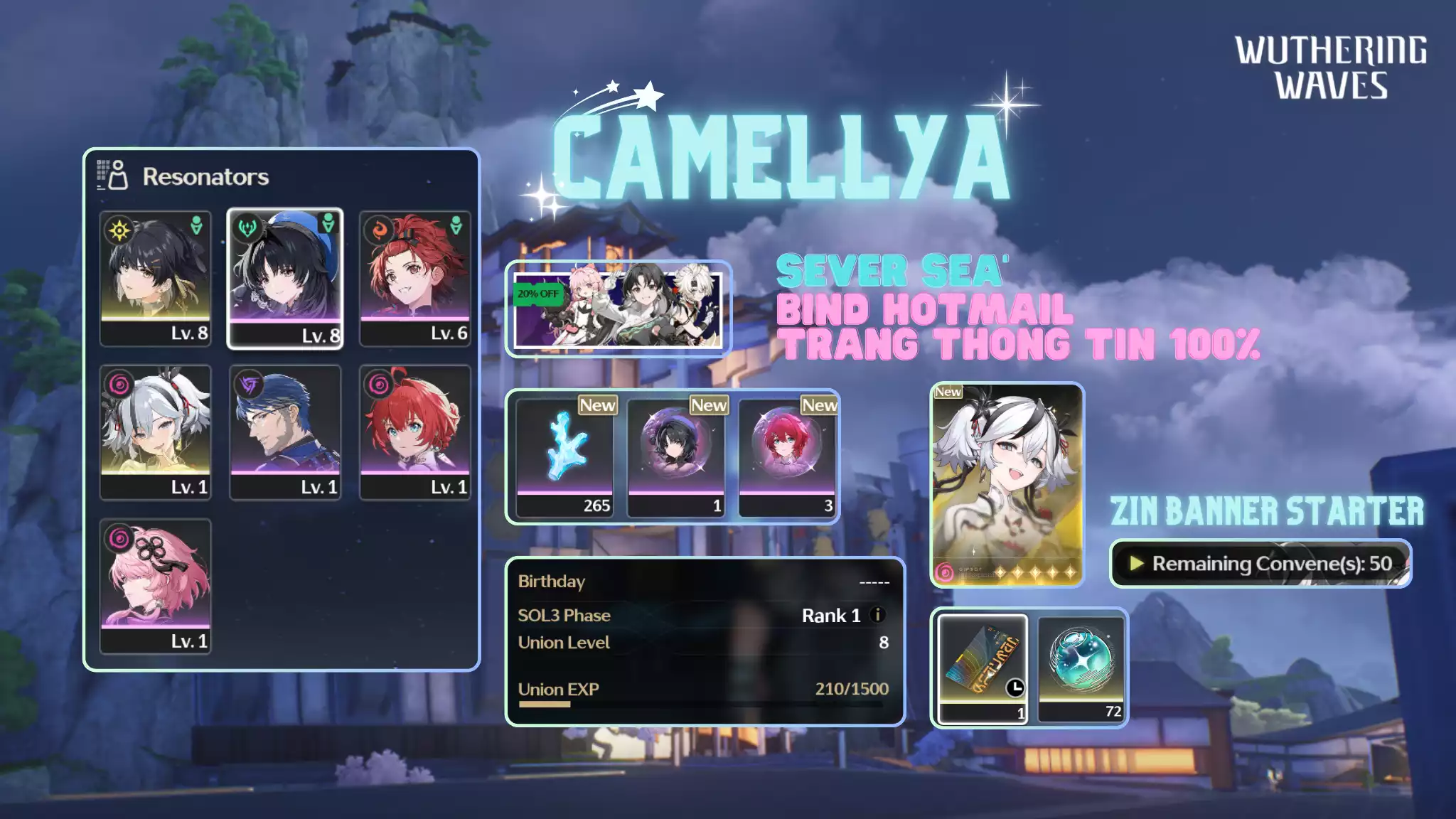 [Sea] Camellya + 5 sao tân thủ + Vé chọn 5 sao + Zin Map 100%